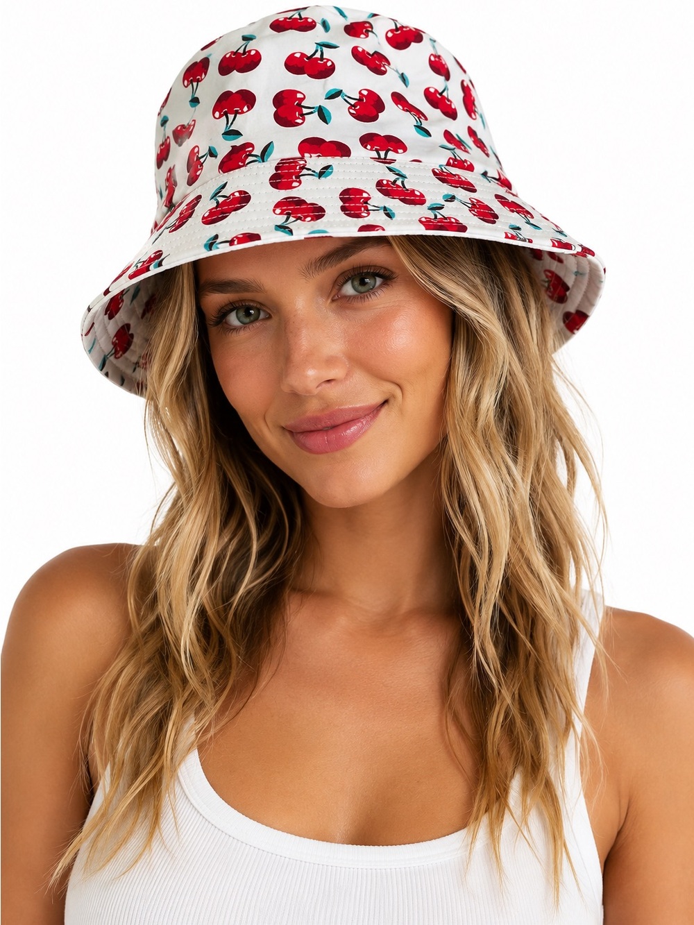 Cherry Print Bucket Hat Y2K Retro Cottagecore White Red Festival Summer
